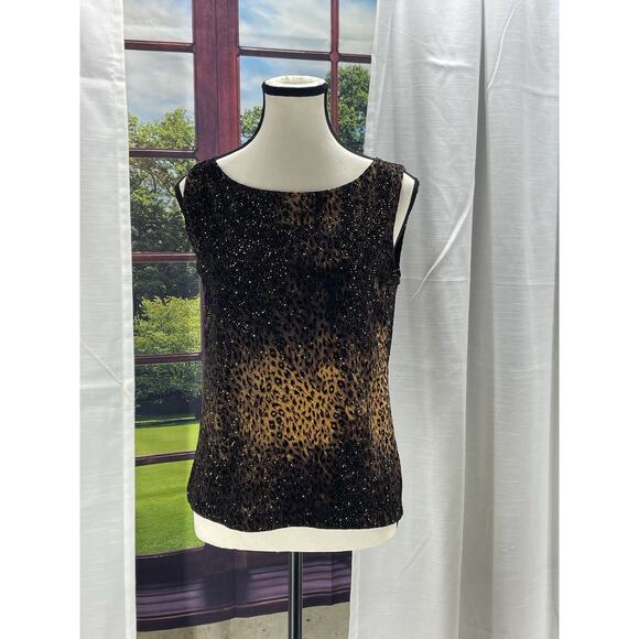 McBling Mob Wife 00s Y2K Leopard Glitter Tank Top Sz 1 Brown Gold Sparkle Glam - Picture 2 of 12